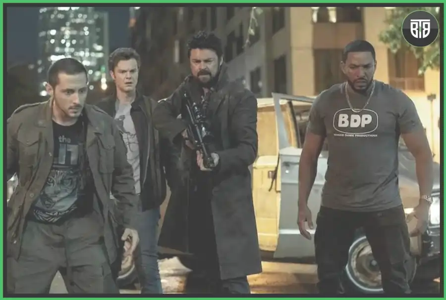 four people are noticing something, one of them is holding a machine gun, in the TV Series the Boys