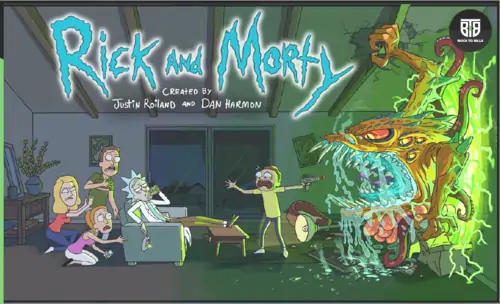 A monster is coming from a tv that is shown on a tv series that is rick and morty