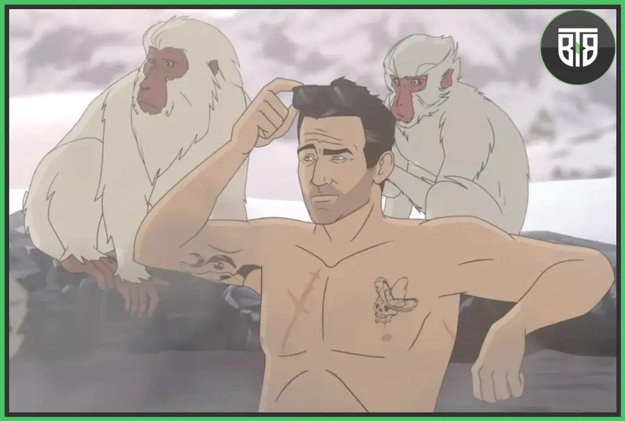 two monkeys and a man are taking bath in open pool in Hit-Monkey, best shows on hulu right now