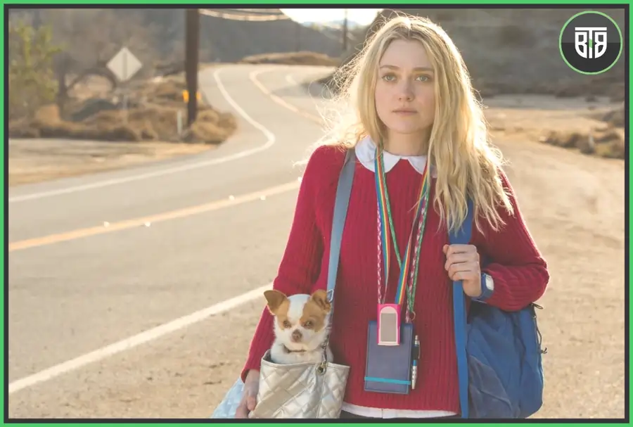 a girl is walking on an empty road with her kitty in Please Stand By (2017), comedy movies on hulu